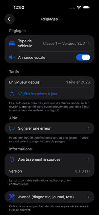 Réglages de Péage Notif