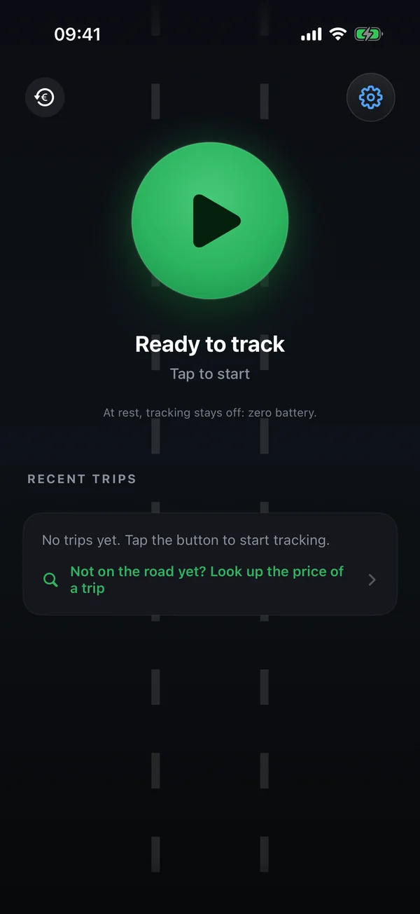 Péage Notif home screen: the green button to start tracking