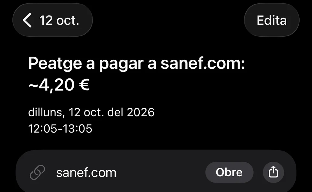 Esdeveniment desat al Calendari: peatge a pagar a sanef.com, amb la data límit i l'enllaç al web de pagament