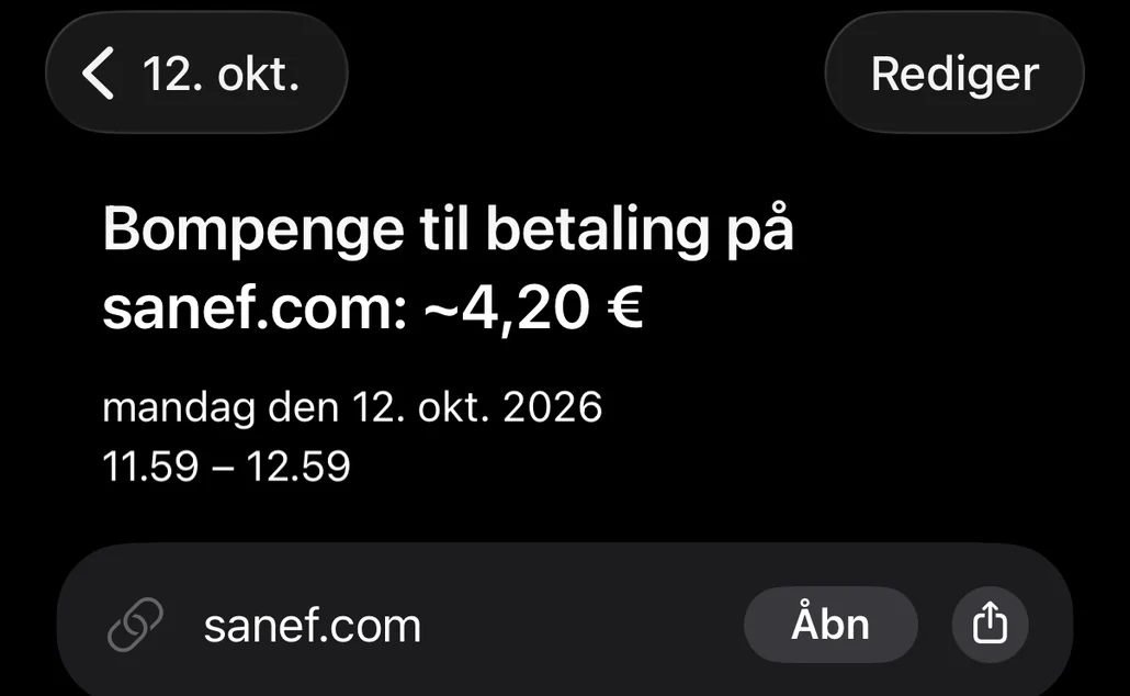 Begivenhed gemt i Kalender: vejafgift, der skal betales på sanef.com, med fristen og linket til betalingssiden