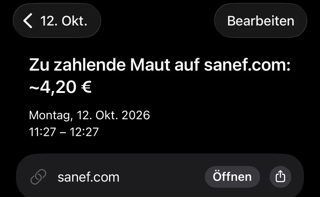 Im Kalender gespeicherter Termin: Maut auf sanef.com zu bezahlen, mit Frist und Link zur Zahlungsseite