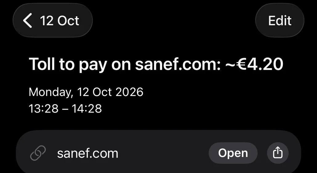 Event saved in the Calendar: toll to pay on sanef.com, with the deadline and the link to the payment site