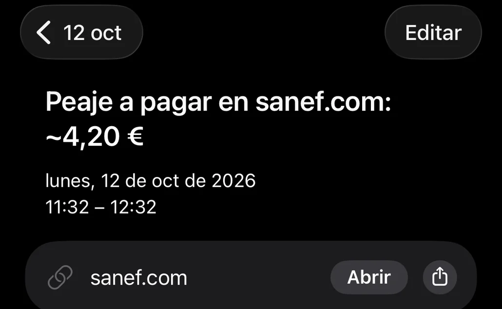Evento guardado en Calendario: peaje a pagar en sanef.com, con la fecha límite y el enlace a la web de pago