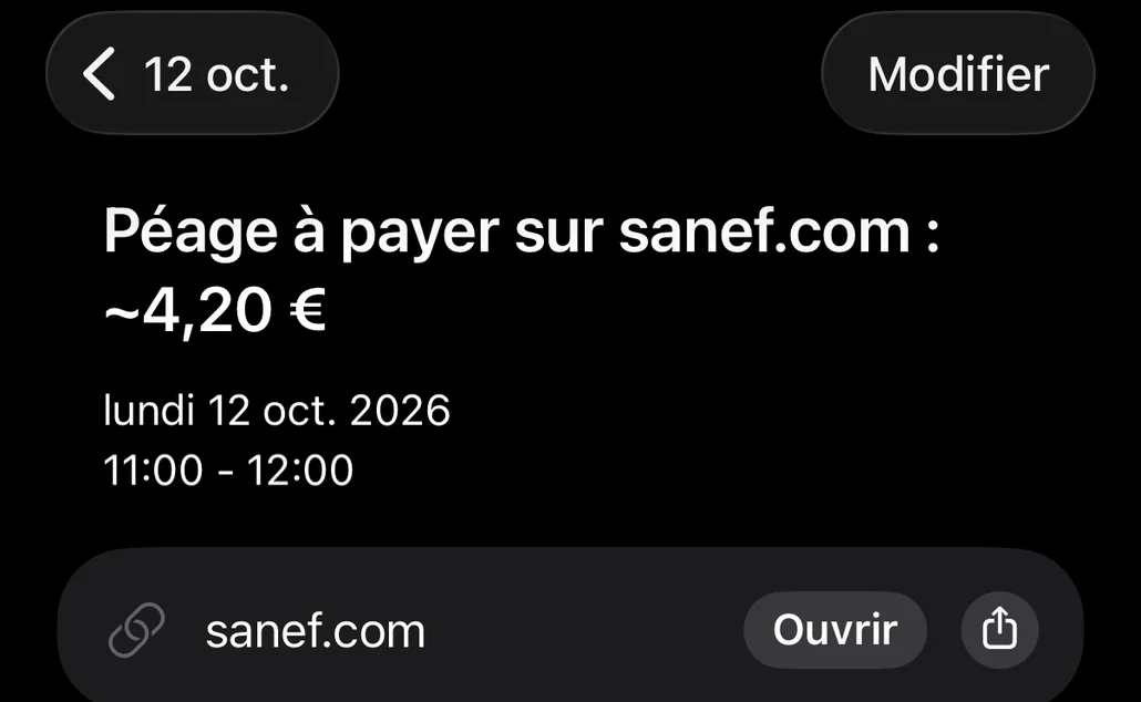 Événement enregistré dans le Calendrier : péage à payer sur sanef.com, avec la date limite et le lien vers le site de paiement