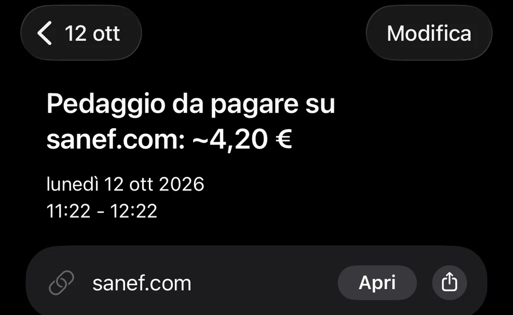 Evento salvato nel Calendario: pedaggio da pagare su sanef.com, con la scadenza e il link al sito di pagamento
