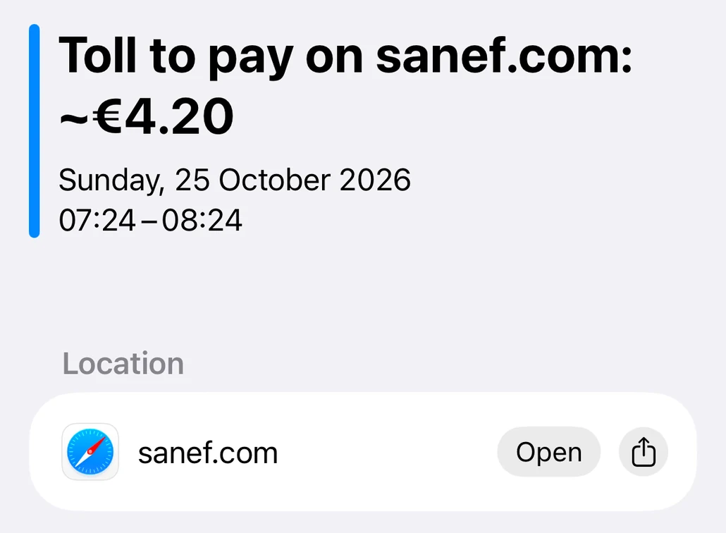 Event details in the Calendar: toll to pay on sanef.com, deadline and link to the payment website