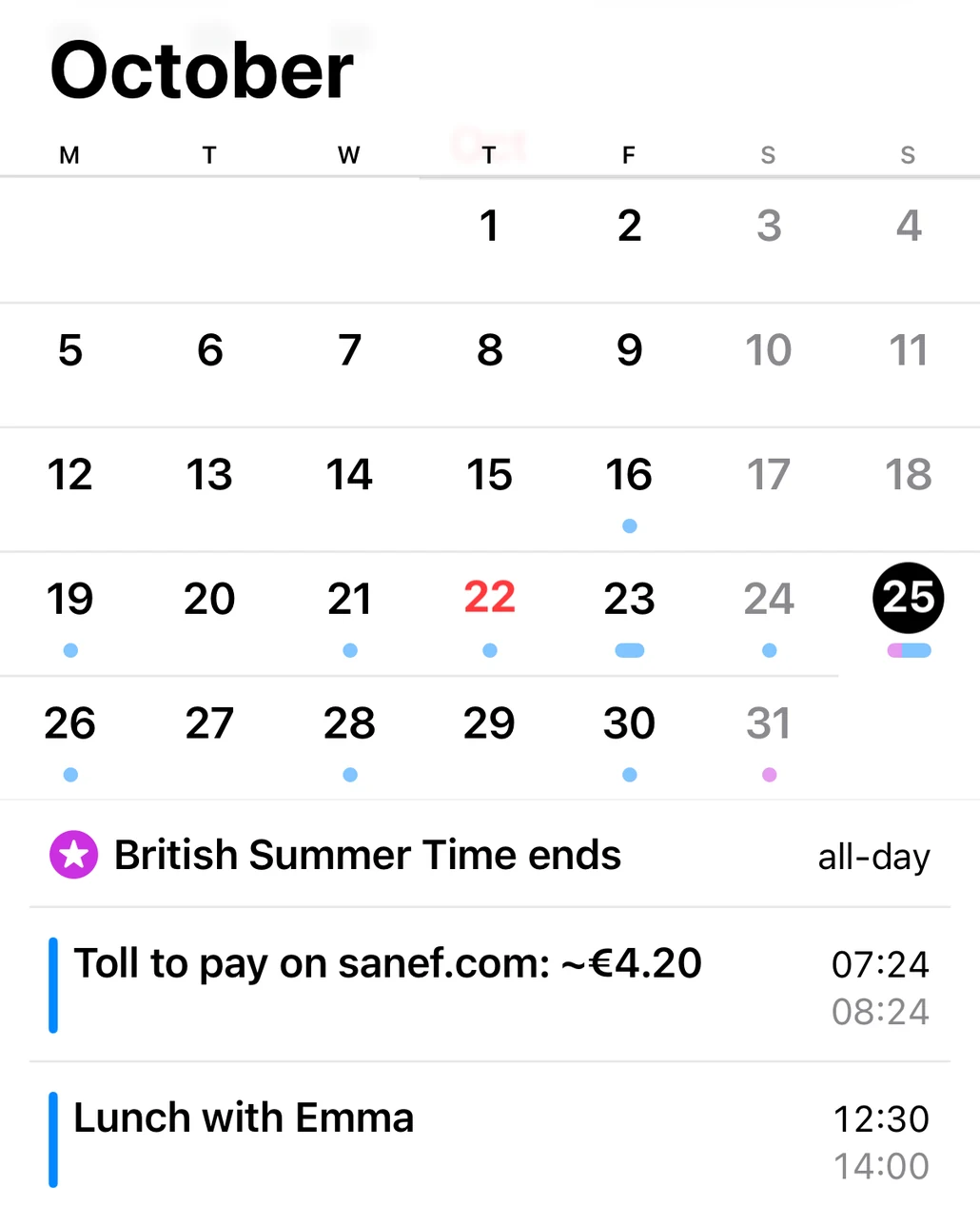 Phone calendar, month view: the deadline “Toll to pay on sanef.com: ~€4.20” among the day's other appointments