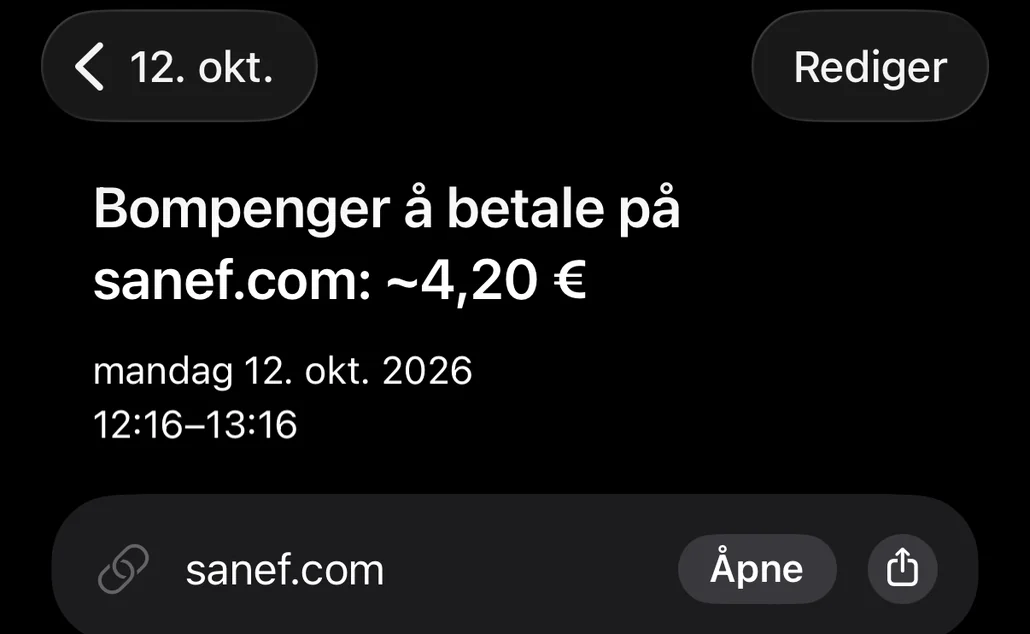Hendelse lagret i Kalender: bompenger som skal betales på sanef.com, med fristen og lenken til betalingssiden