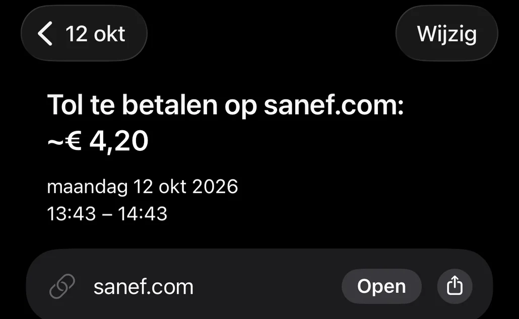 Afspraak opgeslagen in Agenda: tol te betalen op sanef.com, met de uiterste datum en de link naar de betaalwebsite