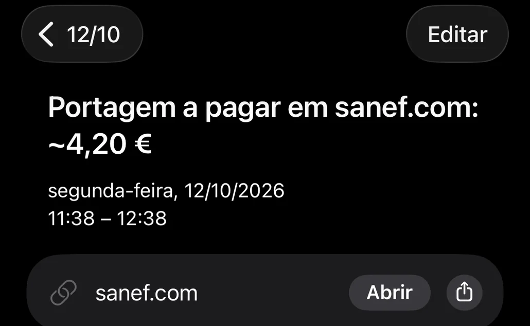 Evento guardado no Calendário: portagem a pagar em sanef.com, com a data-limite e o link para o site de pagamento