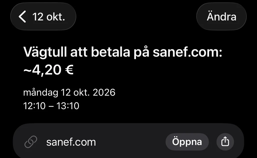 Händelse sparad i Kalender: vägtull att betala på sanef.com, med fristen och länken till betalsidan