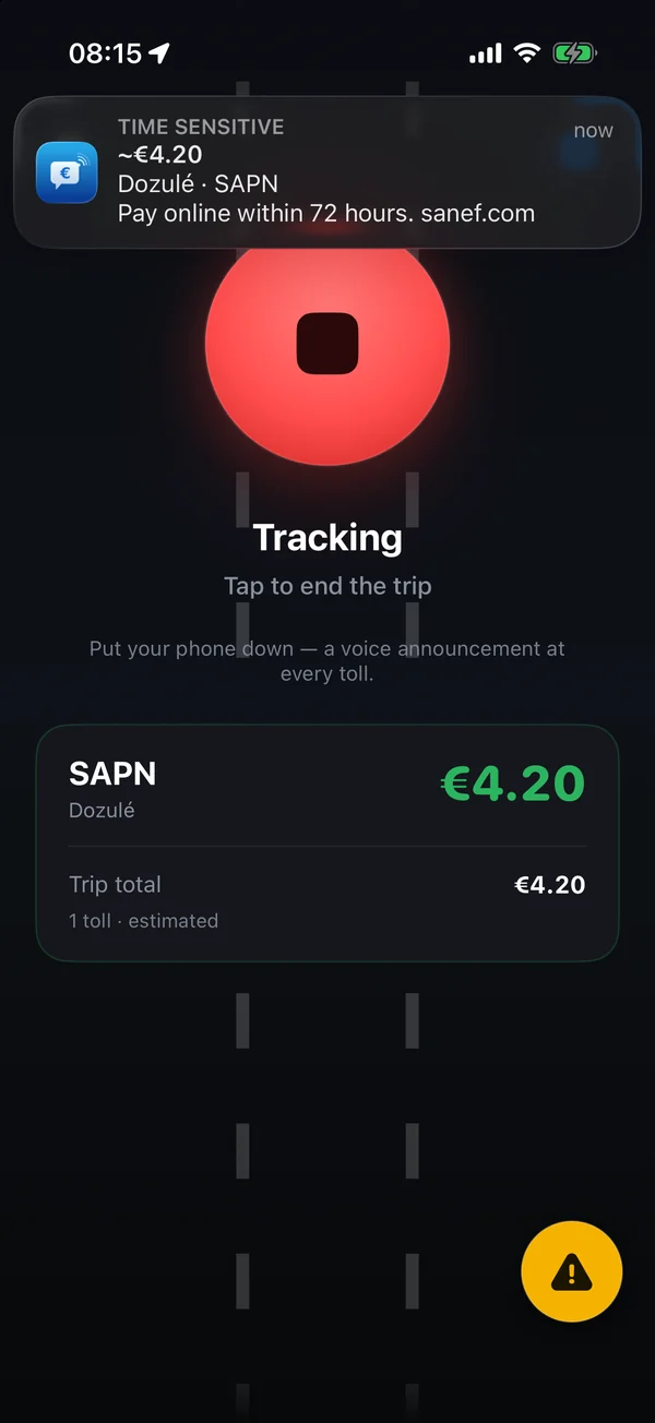 Péage Notif at the Dozulé gantry: ~€4.20 notification, to pay online within 72 hours, while the trip is tracked