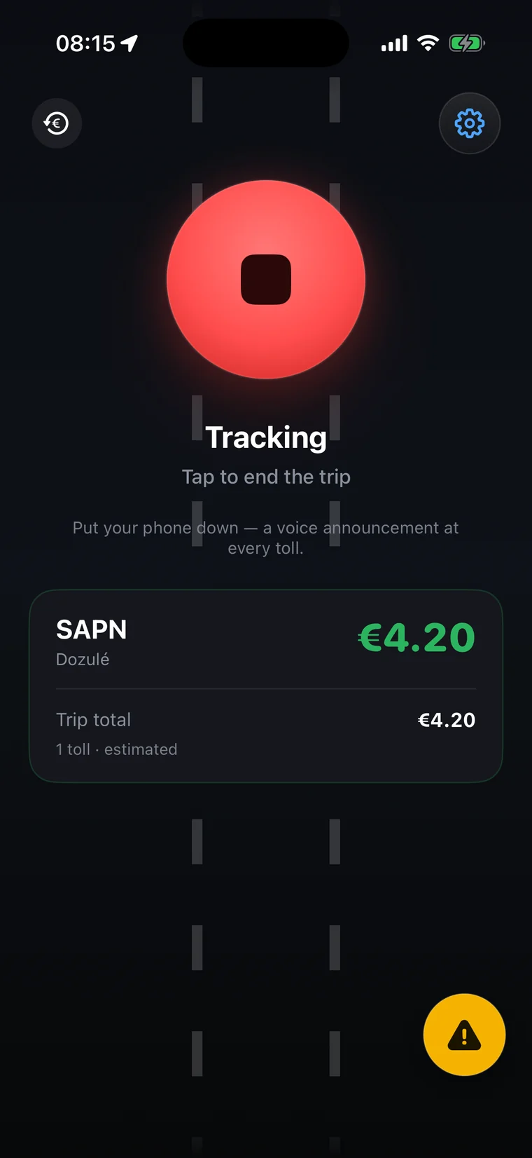 Péage Notif's tracking screen during a trip: Dozulé toll, €4.20