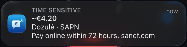 Péage Notif notification at the Dozulé gantry: about €4.20, to pay online within 72 hours