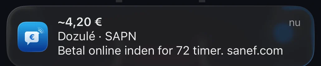 Notifikation fra Péage Notif ved passage af free flow-portalen i Dozulé: cirka 4,20 €, betales online inden for 72 timer på sanef.com