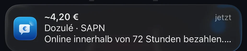 Benachrichtigung von Péage Notif beim Passieren des Free-Flow-Portals Dozulé: etwa 4,20 €, online innerhalb von 72 Stunden auf sanef.com zu bezahlen
