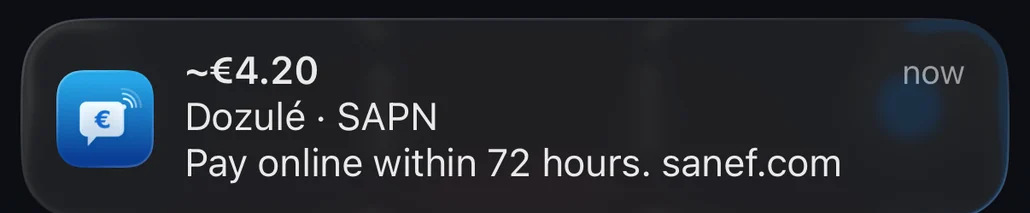 Péage Notif notification as you pass the Dozulé free-flow gantry: about €4.20, to pay online within 72 hours on sanef.com