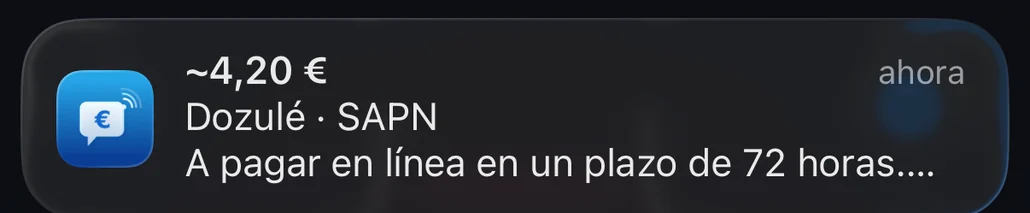 Notificación de Péage Notif al pasar el pórtico free flow de Dozulé: unos 4,20 €, a pagar en línea en un plazo de 72 horas en sanef.com