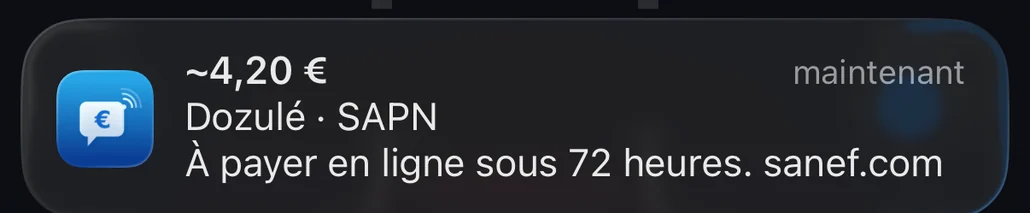 Notification de Péage Notif au passage du portique flux libre de Dozulé : environ 4,20 €, à payer en ligne sous 72 heures sur sanef.com