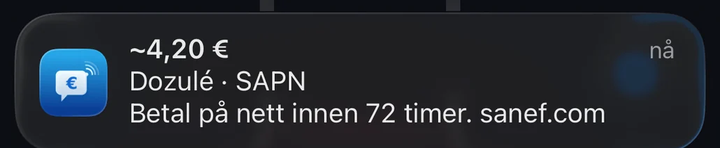 Varsel fra Péage Notif ved passering av portalen med fri flyt i Dozulé: rundt 4,20 €, betales på nett innen 72 timer på sanef.com