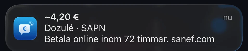 Notis från Péage Notif vid portalen med fritt flöde i Dozulé: cirka 4,20 €, att betala online inom 72 timmar på sanef.com