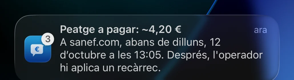 Recordatori de Péage Notif a la pantalla bloquejada: peatge a pagar a sanef.com abans de la data límit, amb recàrrec si no es paga a temps