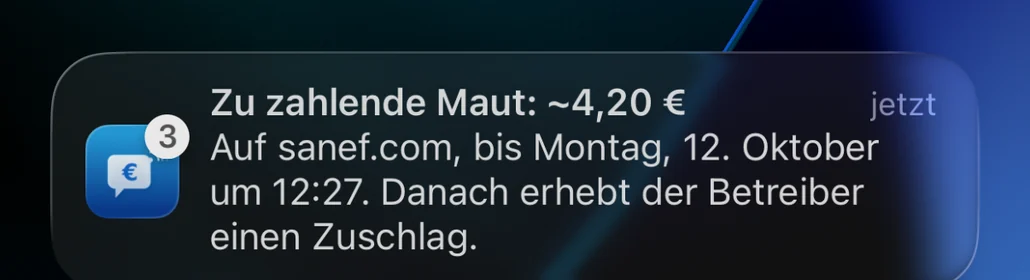 Erinnerung von Péage Notif auf dem Sperrbildschirm: Maut fristgerecht auf sanef.com zu bezahlen, danach mit Zuschlag