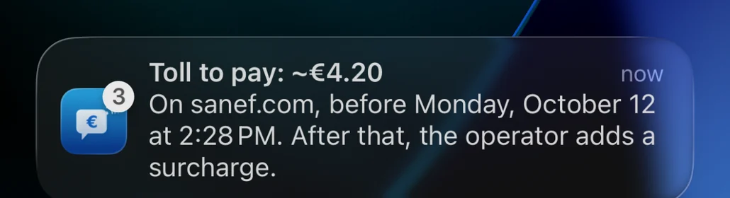 Péage Notif reminder on the lock screen: toll to pay on sanef.com before the deadline, surcharge after that