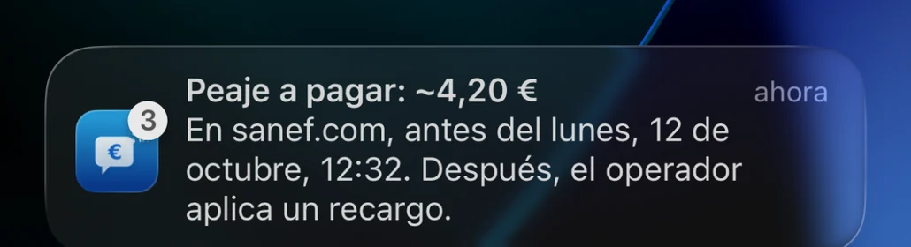 Recordatorio de Péage Notif en la pantalla bloqueada: peaje a pagar en sanef.com antes de la fecha límite, con recargo después