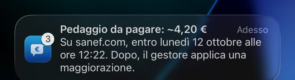 Promemoria di Péage Notif sulla schermata di blocco: pedaggio da pagare su sanef.com entro la scadenza, maggiorazione dopo