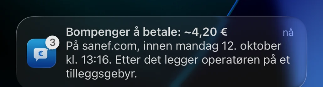 Påminnelse fra Péage Notif på låseskjermen: bompenger som skal betales på sanef.com innen fristen, ellers kommer et tilleggsgebyr