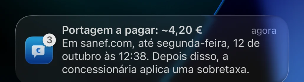 Lembrete do Péage Notif no ecrã bloqueado: portagem a pagar em sanef.com até à data-limite, com agravamento depois disso