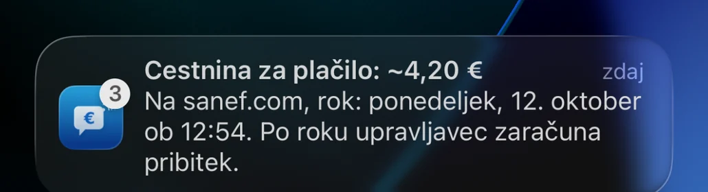 Opomnik Péage Notif na zaklenjenem zaslonu: cestnina za plačilo na sanef.com pred iztekom roka, po njem pribitek