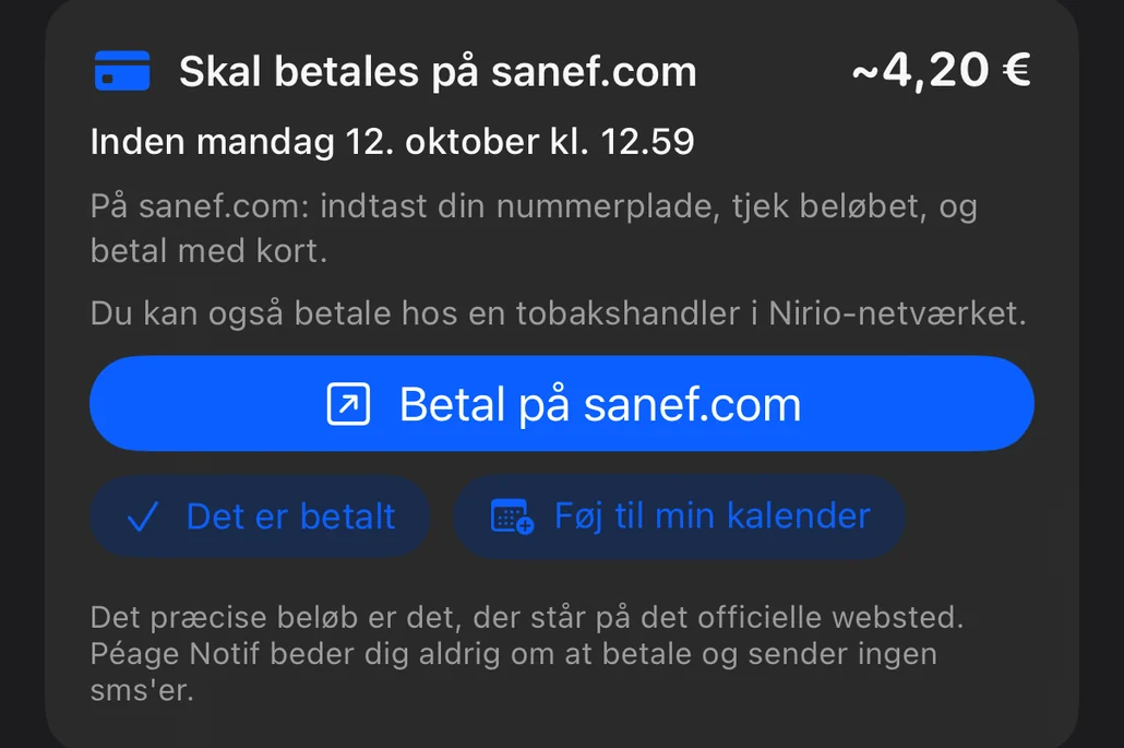 Oversigt ved turens afslutning: kortet ”Skal betales på sanef.com” med beløbet, fristen og trinene til betaling
