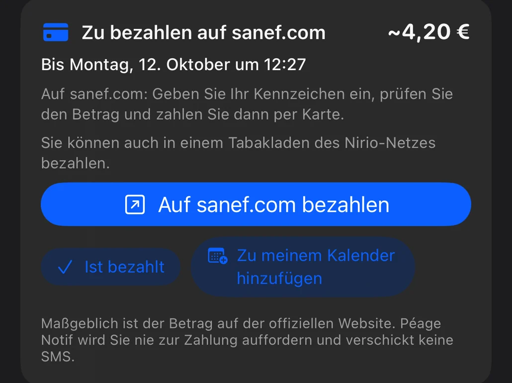 Zusammenfassung am Ende der Fahrt: Karte „Zu bezahlen auf sanef.com“ mit Betrag, Frist und Zahlungsschritten