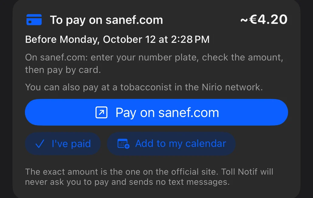 End-of-trip summary: “To pay on sanef.com” card with the amount, the deadline and the payment steps