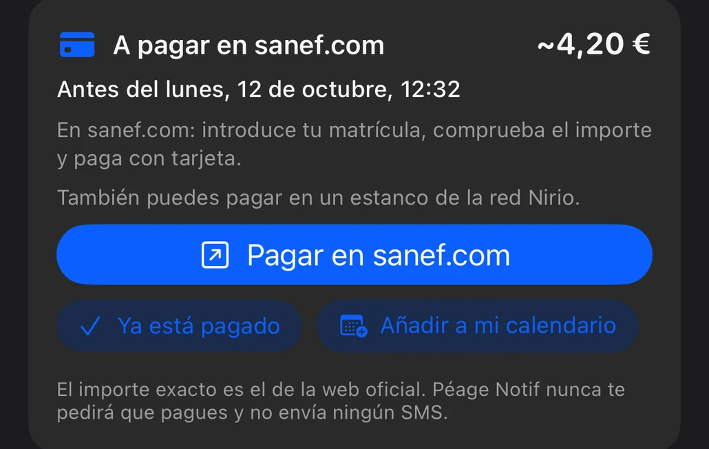 Resumen de fin de trayecto: tarjeta «A pagar en sanef.com» con el importe, la fecha límite y los pasos para pagar