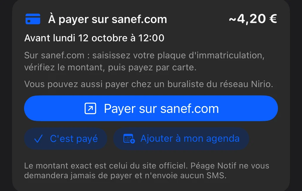 Récapitulatif de fin de trajet : carte « À payer sur sanef.com » avec le montant, la date limite et les étapes de paiement