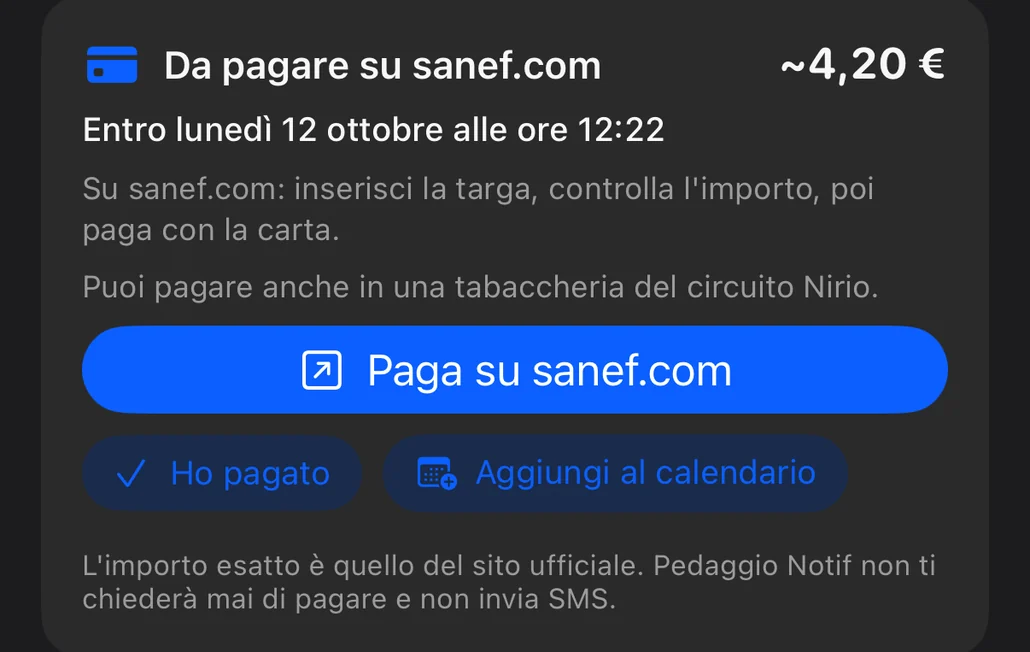 Riepilogo di fine viaggio: scheda «Da pagare su sanef.com» con l'importo, la scadenza e i passaggi per pagare