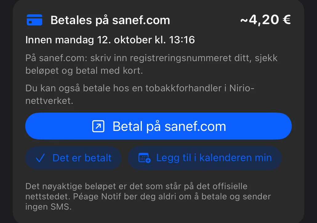 Oppsummering ved turens slutt: kortet «Betales på sanef.com» med beløpet, fristen og stegene for å betale