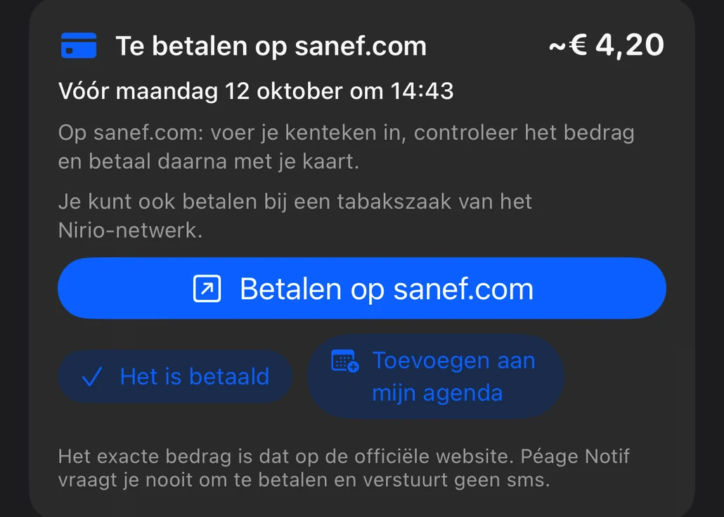 Ritoverzicht aan het einde van de rit: kaart “Te betalen op sanef.com” met het bedrag, de uiterste datum en de betaalstappen