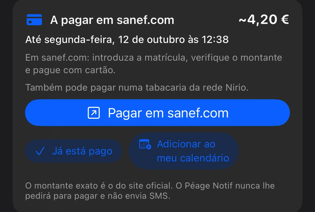 Resumo de fim de viagem: cartão «A pagar em sanef.com» com o valor, a data-limite e os passos de pagamento