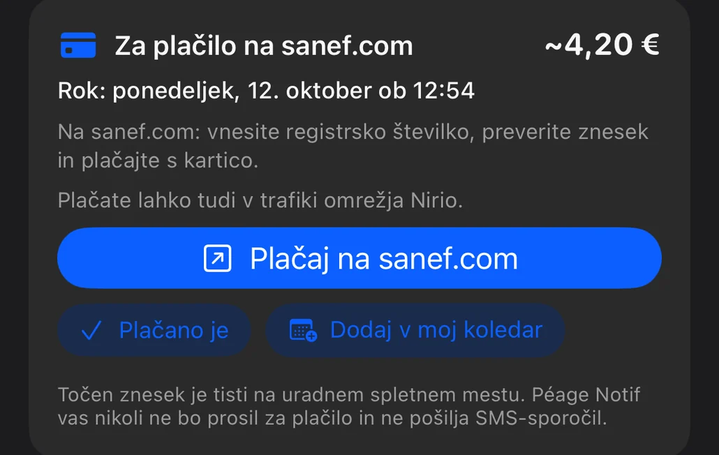 Povzetek ob koncu vožnje: kartica „Za plačilo na sanef.com“ z zneskom, rokom plačila in koraki plačila