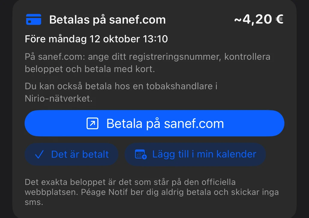 Sammanfattning efter resan: kortet ”Betalas på sanef.com” med beloppet, fristen och stegen för betalning