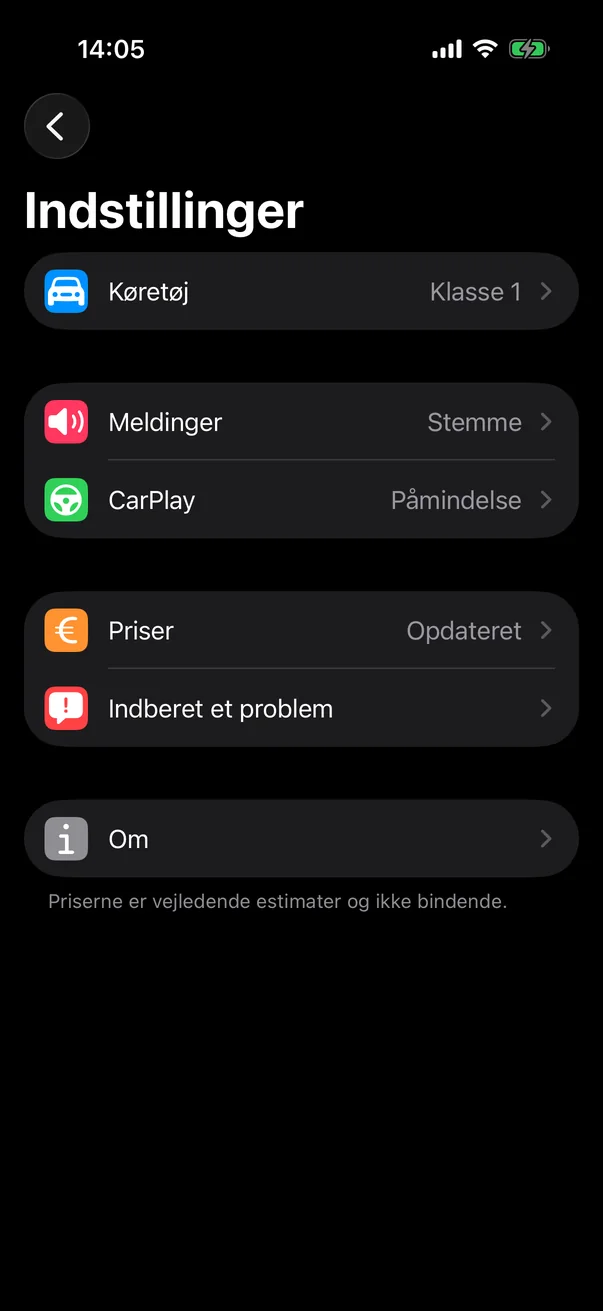 Indstillinger i Péage Notif: køretøj i klasse 1, oplæsninger, CarPlay, opdaterede priser, indberet et problem