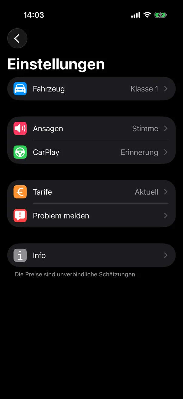Einstellungen von Péage Notif: Fahrzeug in Klasse 1, Sprachansagen, CarPlay, aktuelle Tarife, Problem melden