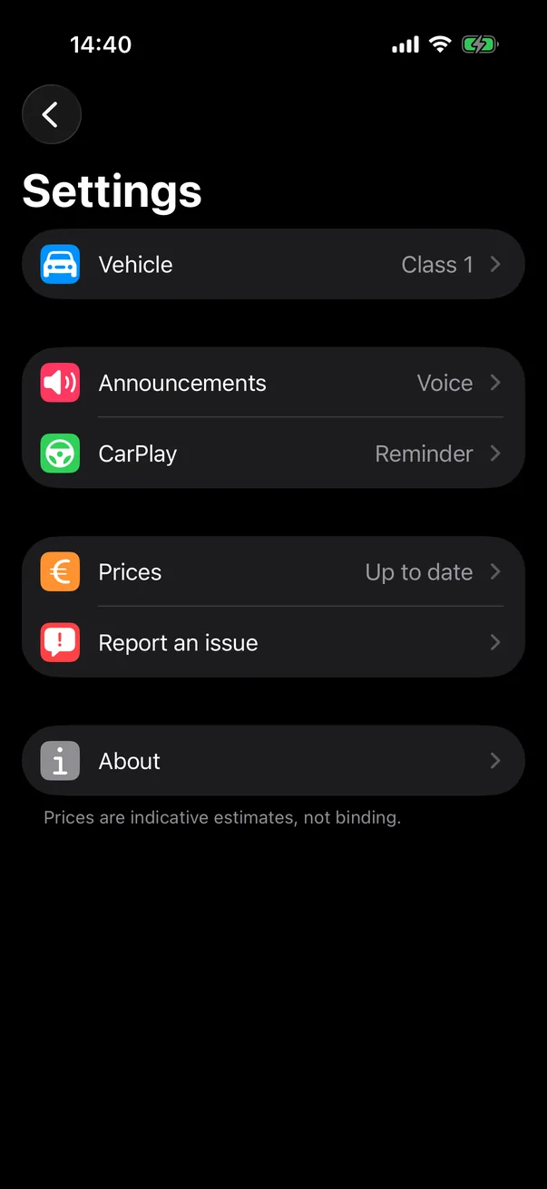 Péage Notif settings: vehicle in class 1, voice announcements, CarPlay, prices up to date, report a problem