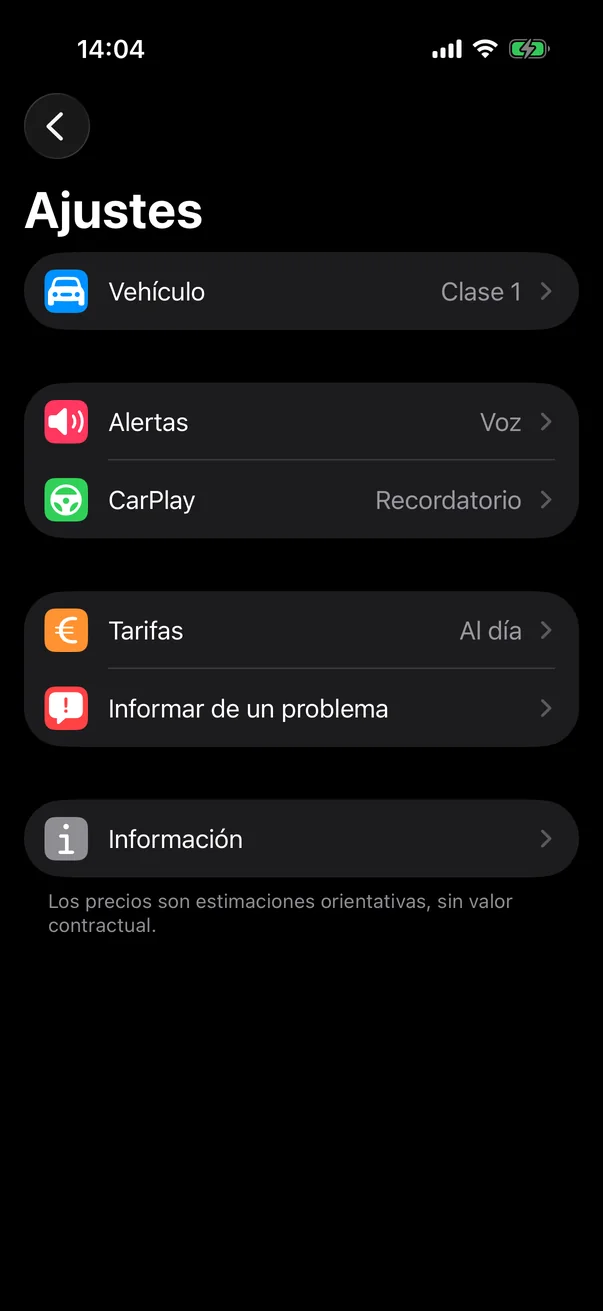 Ajustes de Péage Notif: vehículo de clase 1, anuncios por voz, CarPlay, tarifas al día, informar de un problema