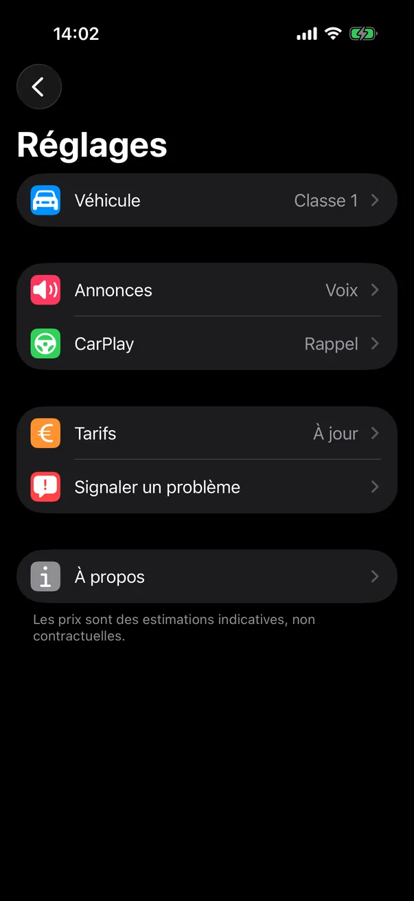 Réglages de Péage Notif : véhicule en classe 1, annonces vocales, CarPlay, tarifs à jour, signaler un problème