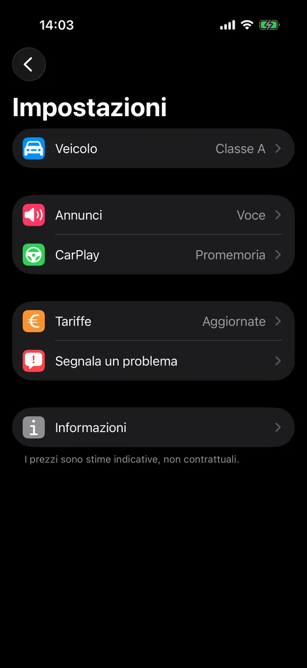 Impostazioni di Péage Notif: veicolo in classe A, annunci vocali, CarPlay, tariffe aggiornate, segnala un problema